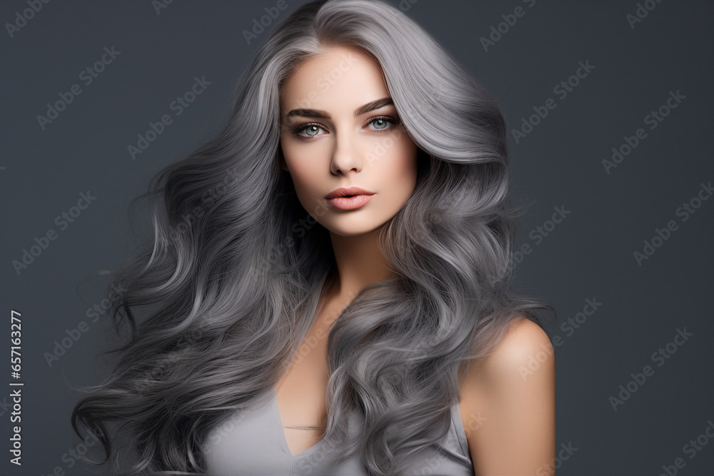 Generative AI picture of beautiful woman fashion model with long dyed gray color hair Generative AI picture of beautiful woman fashion model with long dyed gray color hair