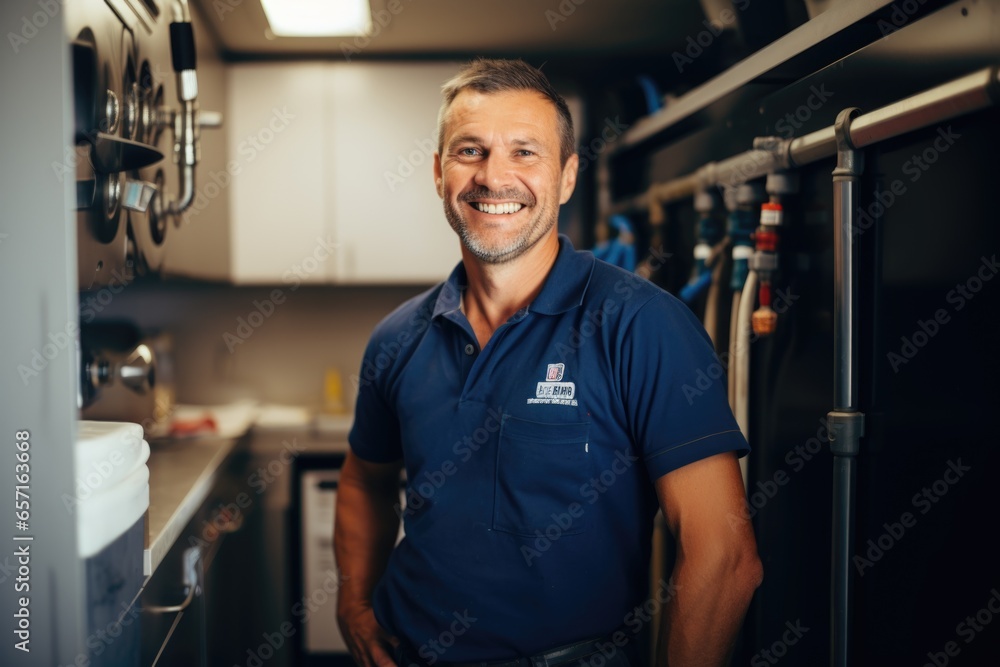 Portrait of a middle aged plumber fixing a kitchen - obrazy, fototapety, plakaty 