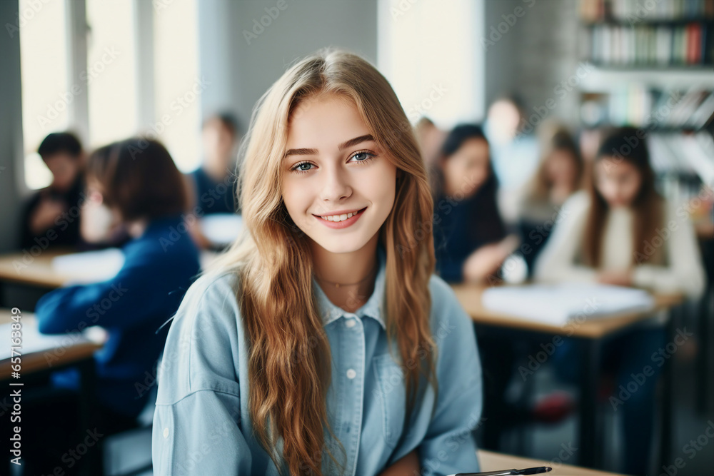 Generative AI portrait of a beautiful happy girl high school student graduate in sunny classroom