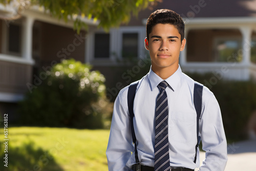 Generated by AI photography of happy handsome student going to college sunny september day