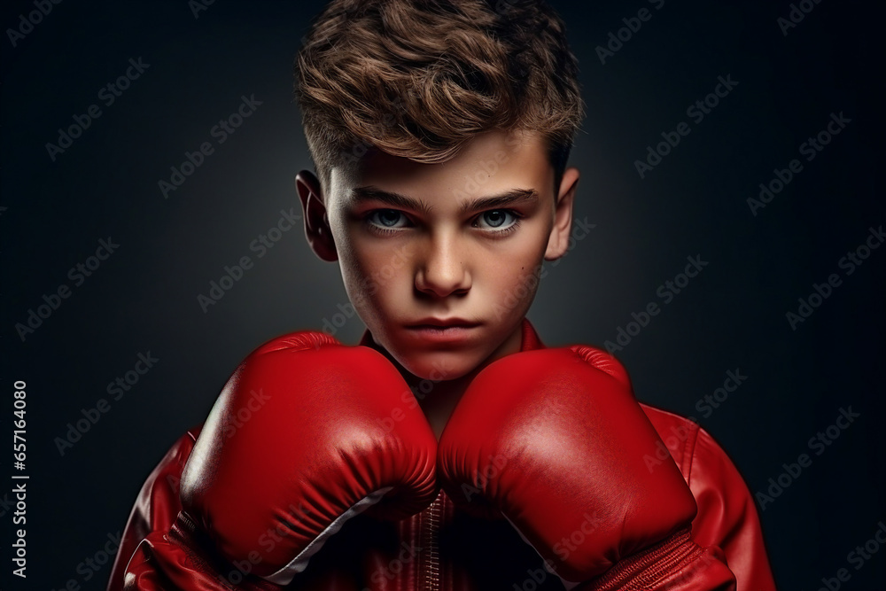 Generative AI portrait of a professional strong male boxer confident boy practicing physical exercises in a boxing ring