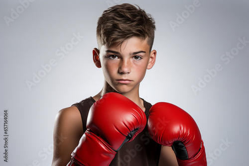 Generative AI portrait of a professional strong male boxer confident boy practicing physical exercises in a boxing ring © Tetiana