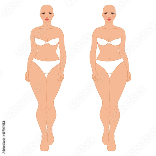 Plus size female fashion figure walking, vector template. Beautiful curvy woman body vector illustration. Female colored croquis. 