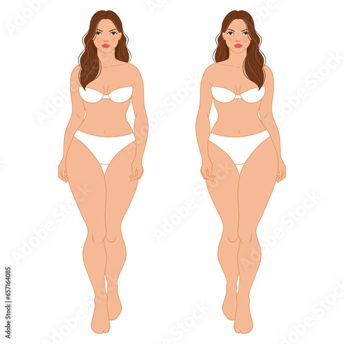 Plus size female fashion figure walking, vector template. Beautiful curvy woman body vector illustration. Female colored croquis with face and hair. 
