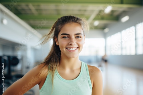 Portrait of a young female basketball player posing in a indoor basketball gym