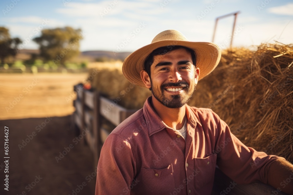 Portrait of a smiling young male farmer posing in front of a pile of hay