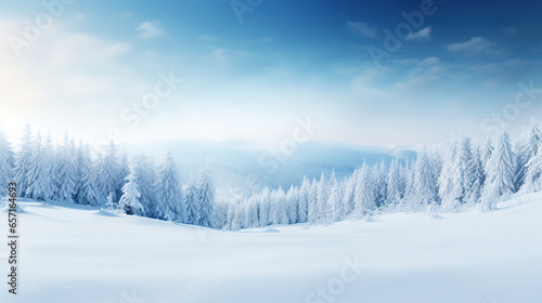 Snowy landscape with snow-covered trees and mountains, blue sky and the sun is shining © Beastly