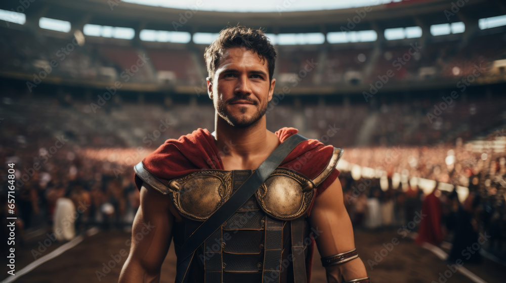 Man costumed has a gladiator portrait in middle of the arena Man costumed has a gladiator portrait in middle of the arena
