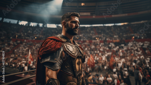 Man costumed has a gladiator portrait in middle of the arena