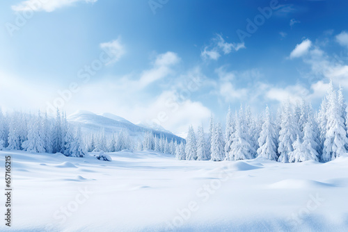 Snowy landscape with snow-covered trees and mountains, blue sky and the sun is shining