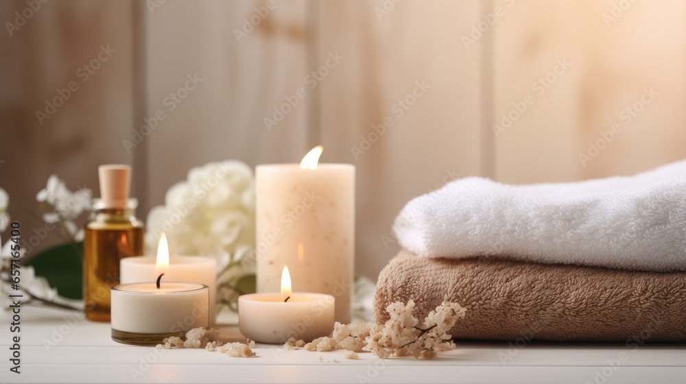 Beautiful spa treatment composition such as Towels, candles, essential oils, Massage Stones on light wooden background. blur living room, natural creams and moisturizing Healthy lifestyle, body care