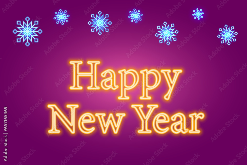Neon Christmas card with snowflakes. Vector illustration. phrase Happy New Year Neon Christmas card with snowflakes. Vector illustration. phrase Happy New Year