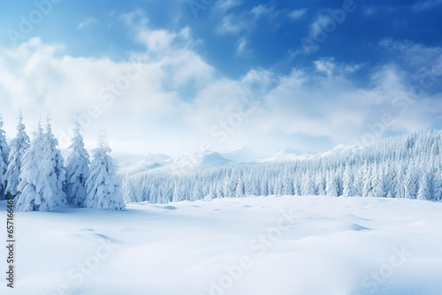 Snowy landscape with snow-covered trees and mountains, blue sky and the sun is shining
