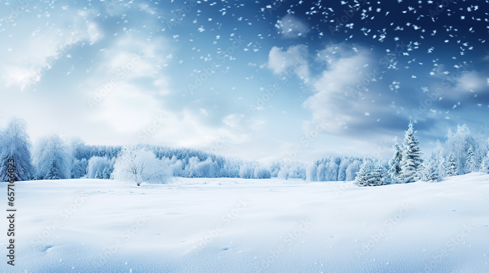 Snowy landscape with snow-covered trees and mountains, blue sky and the sun is shining Snowy landscape with snow-covered trees and mountains, blue sky and the sun is shining