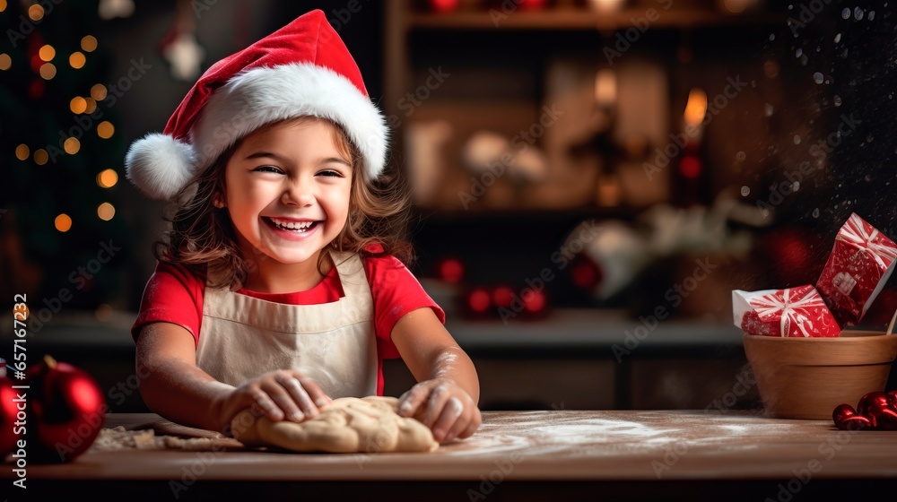 Merry Christmas and happy holidays. Cute little girl in Santa hat making cookies in the kitchen at home Merry Christmas and happy holidays. Cute little girl in Santa hat making cookies in the kitchen at home