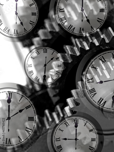 Canvas Print collage of many clocks showing different times and a close-up image of gears su