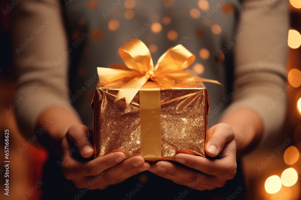 A close-up of a person's hands eagerly tearing open a beautifully wrapped Christmas gift, capturing the moment of surprise and joy. Generative Ai