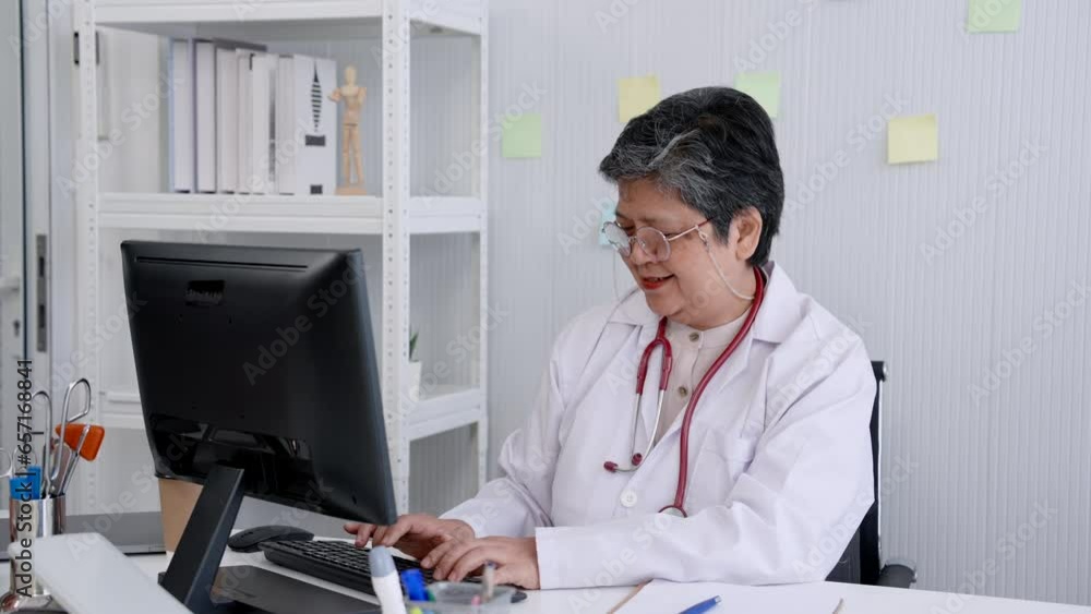Senior female medical specialist nearing retirement age Wearing a doctor's uniform with a stethoscope around his neck, recording patient information. into the hospital's treatment system on computer. Senior female medical specialist nearing retirement age Wearing a doctor's uniform with a stethoscope around his neck, recording patient information. into the hospital's treatment system on computer.
