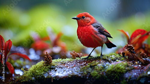 a red elegent chrysolophus pictus standing on the snow and under green plants photo