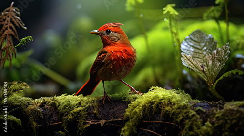 a red elegent chrysolophus pictus standing on the snow and under green plants photo