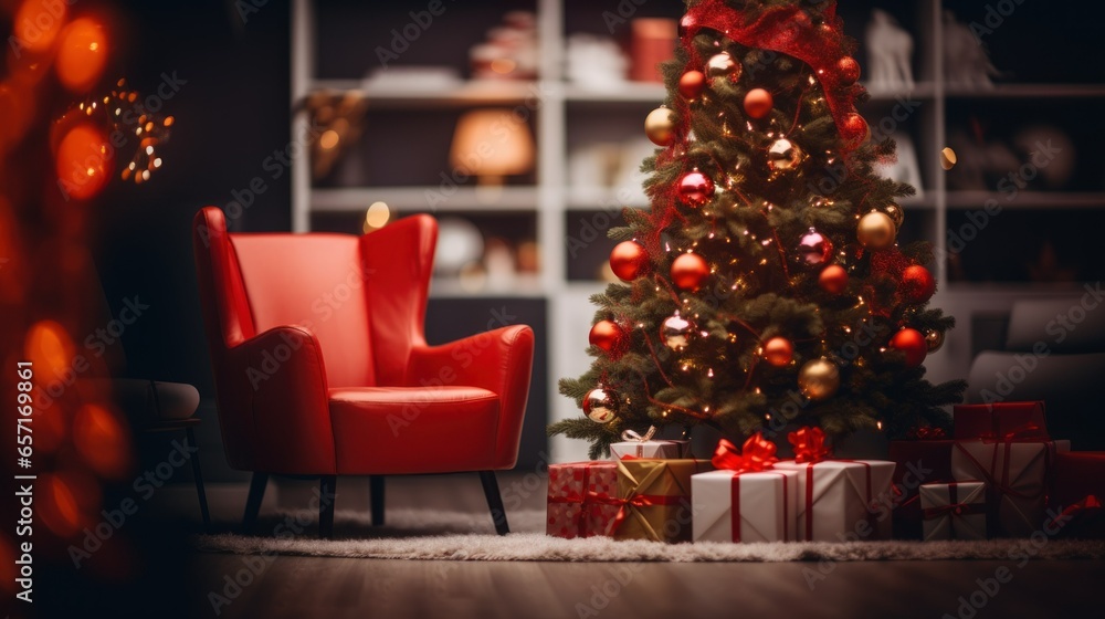 Velvet red armchair against on background of a decorated Christmas tree. Beautiful Christmas tree with gifts near red chair. Beautiful Room, studio decorated for Christmas