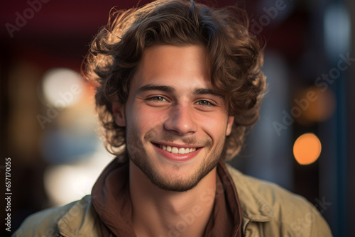 Fashion and lifestyles concept. Beautiful and happy young man close-up outdoors portrait. Gorgeous model man smiling and looking at camera. Generative AI