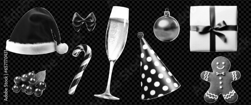 Christmas themed set, elements in halftone processing with painted doodles. Pack on transparent background as png. Bright and bold vector illustration.