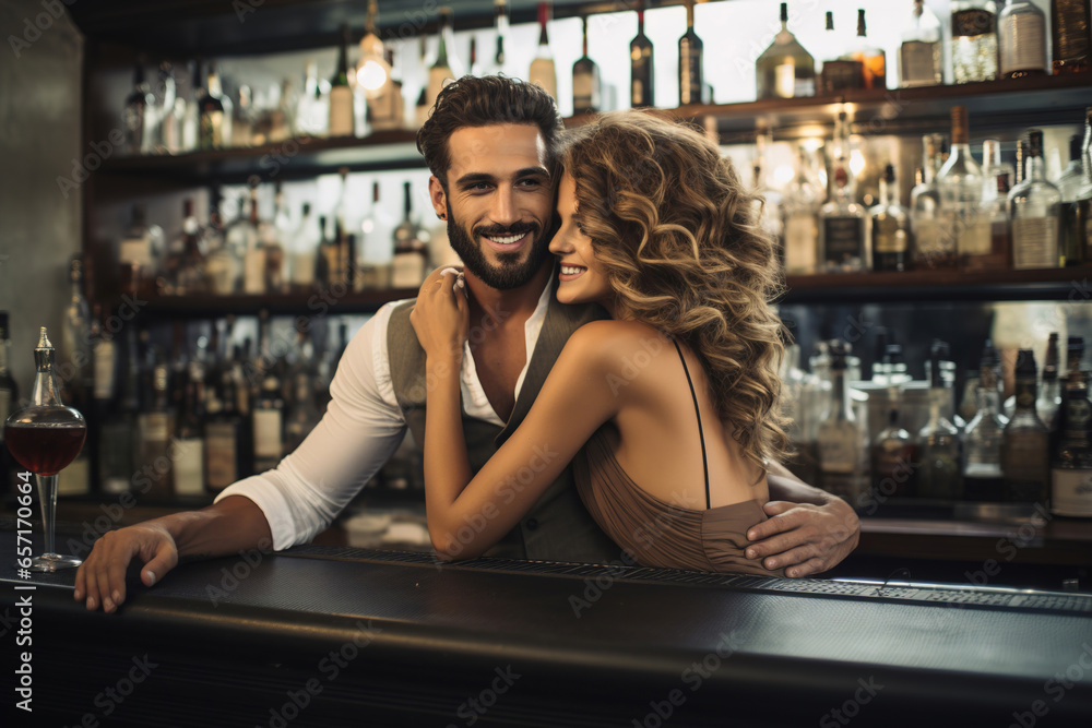 A man and a woman hugging in front of a bar.
