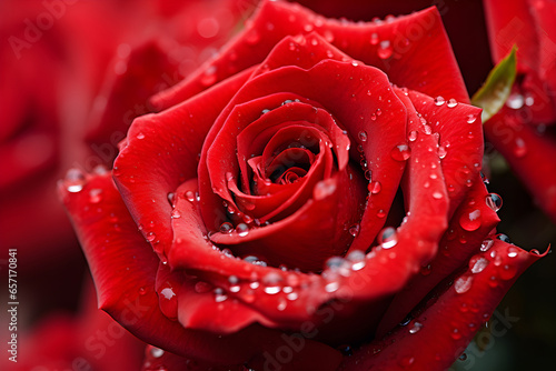 The water droplets on the red rose bloom in beautiful  natural shape.