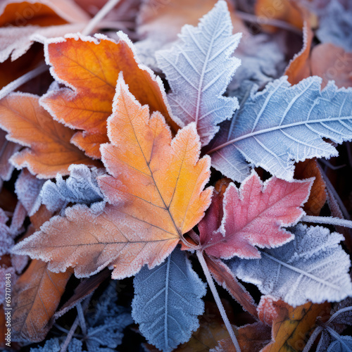 Colorful leaves in hoarfrost texture (autumn/early winter)