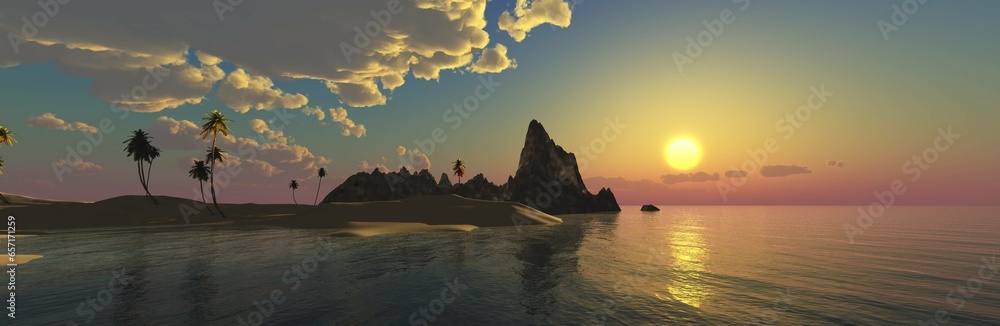 Panorama of sea sunset, ocean sunrise, seascape, 3d rendering
