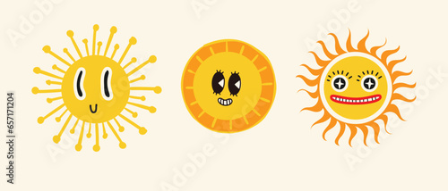 A set of stickers. The sun, logo, smile face, good mood. Brutalism, modern design. The style of the 80s.