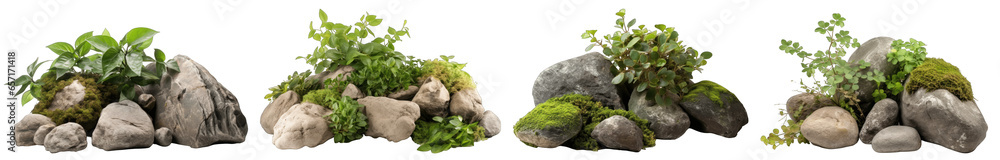 Obraz premium Rocks with plants and foliage around, green nature, isolated on transparent background generative ai