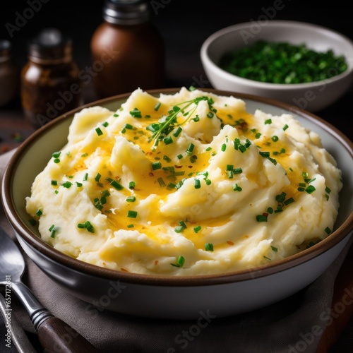 Creamy mashed potatoes with melted butter and chives