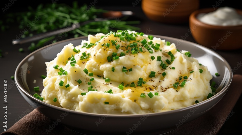 Creamy mashed potatoes with melted butter and chives Creamy mashed potatoes with melted butter and chives