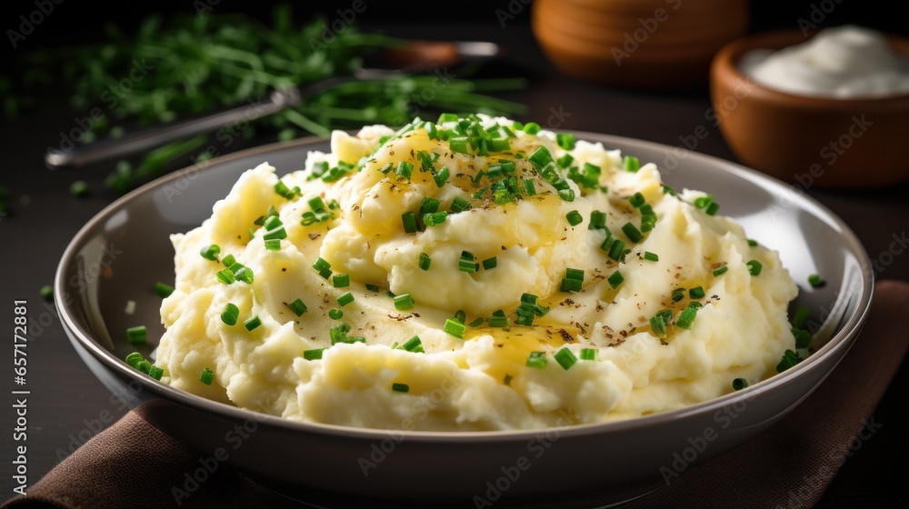 Creamy mashed potatoes with melted butter and chives