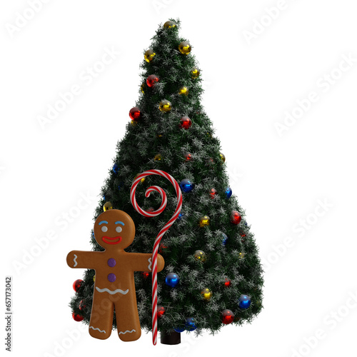 3D illustration, 3D rendering close-up of  Decorated Christmas Tree with Snow and  Ginger bread Man