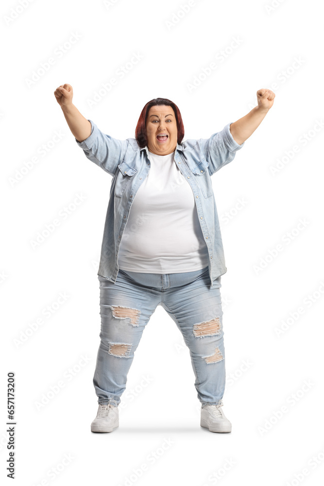 Happy corpulent woman gesturing with hands up Happy corpulent woman gesturing with hands up