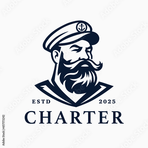 Boat charter captain logo. Mustache bearded sailor icon. Maritime skipper emblem. Vintage nautical seafarer symbol. Vector illustration.