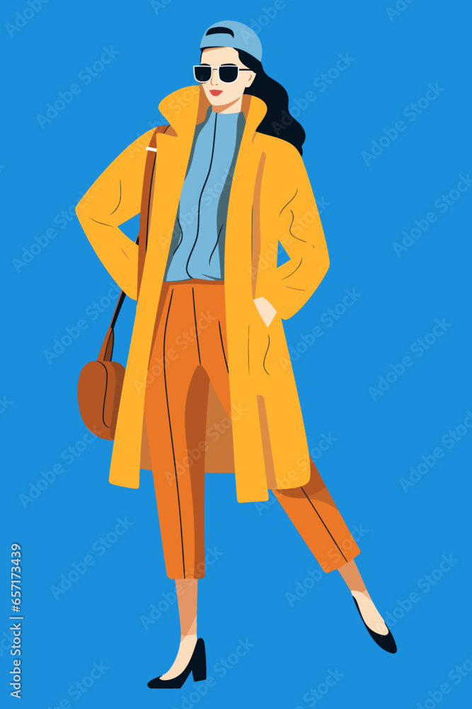 Fashionable woman in a yellow coat and sunglasses. Vector illustration