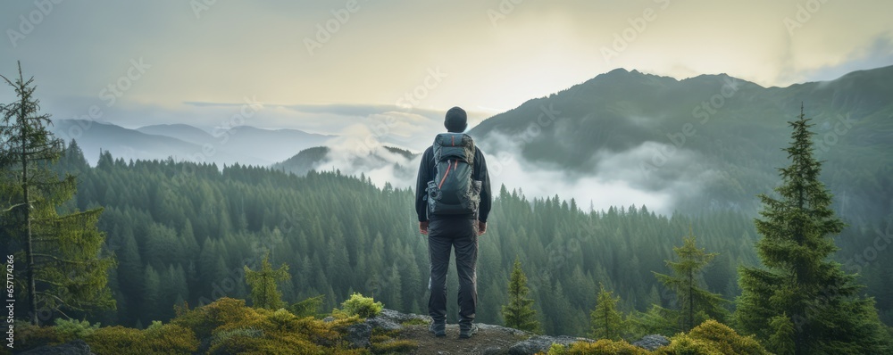 Back view of a lonely man enjoys the view of the summer mountains while he standing on a mountain peak. Hiking and digital detox concept. Contemplation of nature alone with your thoughts. - obrazy, fototapety, plakaty 
