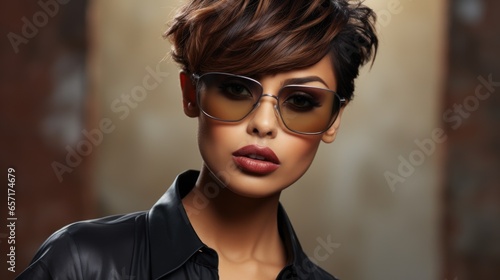 photo of a beautiful Indian woman with a stylish hairstyle and stylish glasses, close-up © koplesya