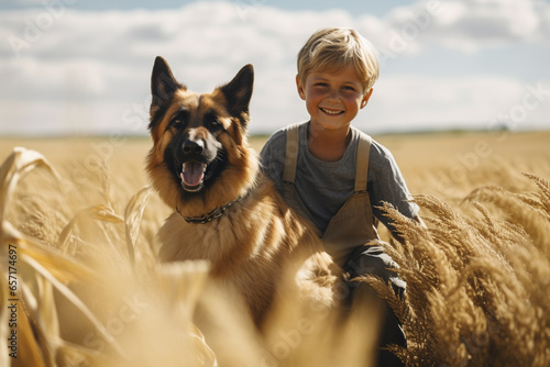 Friendship, lifestyle, animals concept. Young boy kid with German shepherd dog in cereal field. Dog and human best friends concept. Generative AI photo