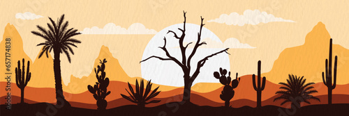 Fototapeta Naklejka Na Ścianę i Meble -  Background Landscape illustration of Desert with Desert plants, desert trees, cactus, coconut tree, palm, Century plant, Thompson yucca, prickly pear.