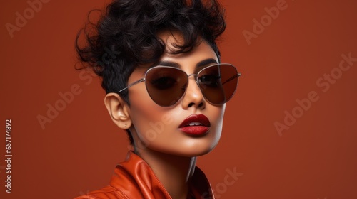 photo of a beautiful Indian woman with a stylish hairstyle and stylish glasses, close-up