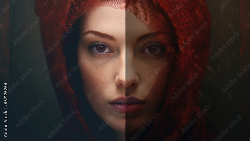 Closeup composited illustration of a female model wearing a red hood. The light and dark nature of the human mind and spirit. Closeup composited illustration of a female model wearing a red hood. The light and dark nature of the human mind and spirit.