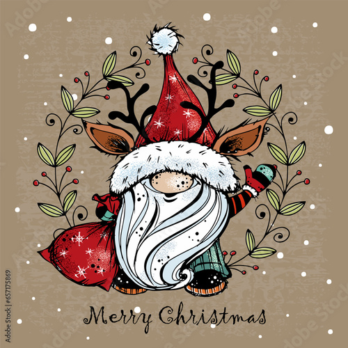 Merry Christmas greeting card. Cute Christmas gnome with gifts in Vector.