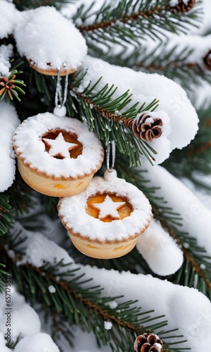 Photo Of Christmas Snow-Covered Pine Tree With Hanging Mince Pies