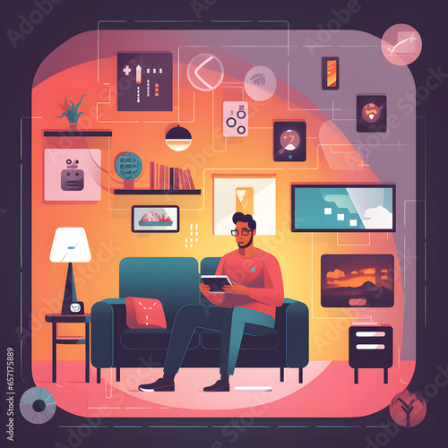 Person in their home, surrounded by smart home technology. AI Generated photo