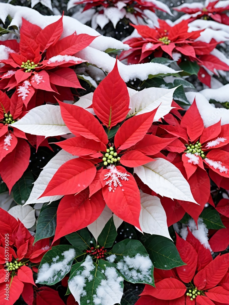 Photo Of Christmas Poinsettia Plant Surrounded By Snowflakes